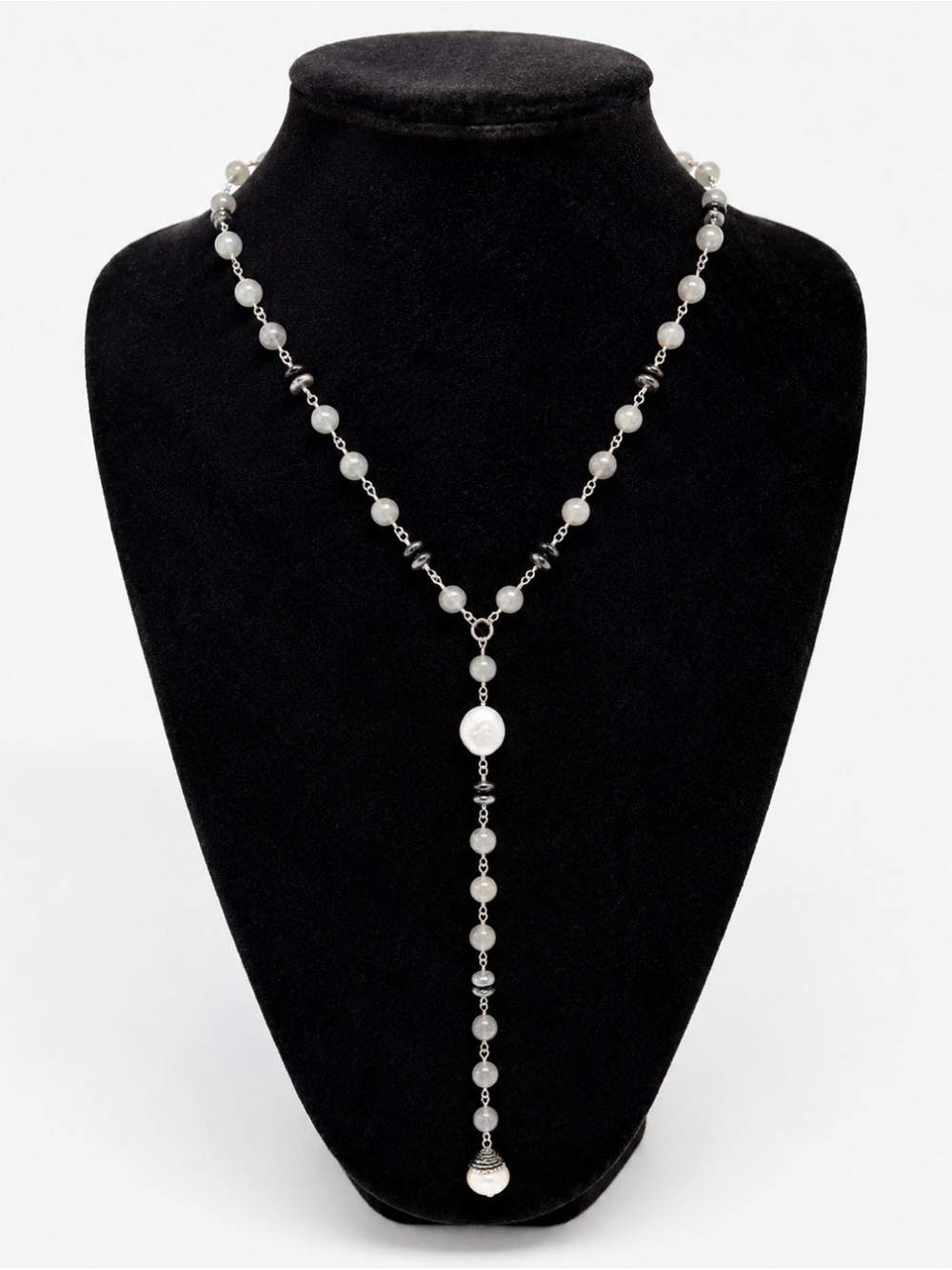 925 Sterling Silver Gray Stone Beaded Y Necklace with Pearl Drop Pendant Rosary